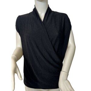 Josephine Chaus Top M Black Metallic Cap Sleeve Low Cowl Neck Wrap Dressy Drapey